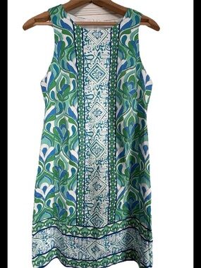 London Times NWT Shift Dress Aqua Green. Floral/Medallion Design. Cotton. Preppy
